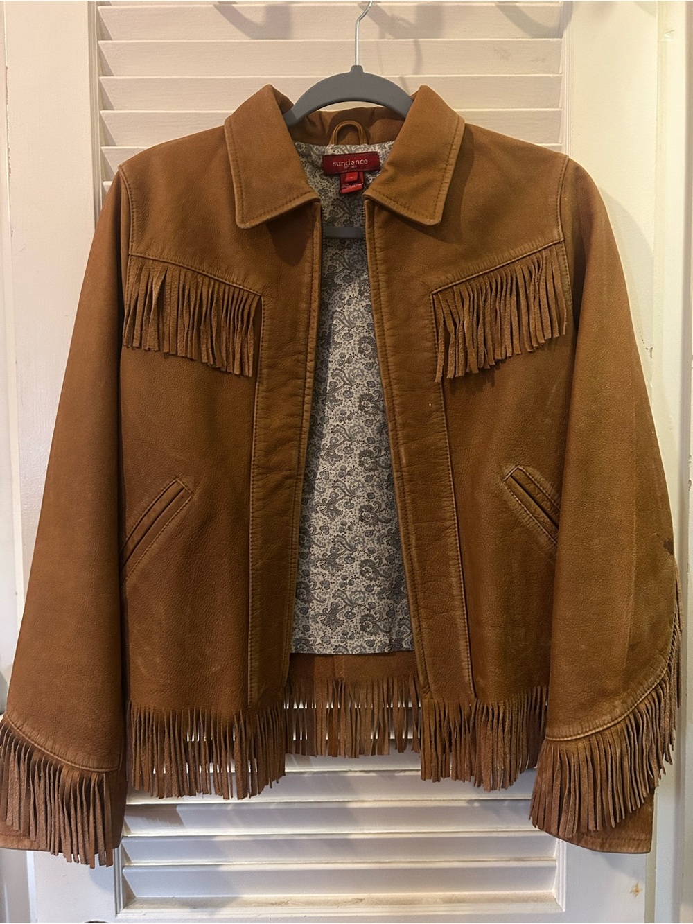Sundance Brown Genuine Leather Fringe Jacket Western Boho Size 4